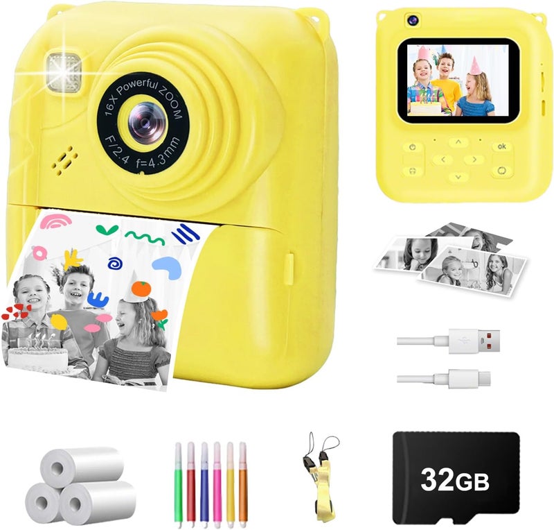 QDH Instant Print Camera for Kids, 1080P Video Camera with 3 Print Rolls, 32GB Card & Cute Cover, Gift for Girls Boys Age 3-12, Toddler Digital Camera with Games, Filters, Music – Yellow - Image 1